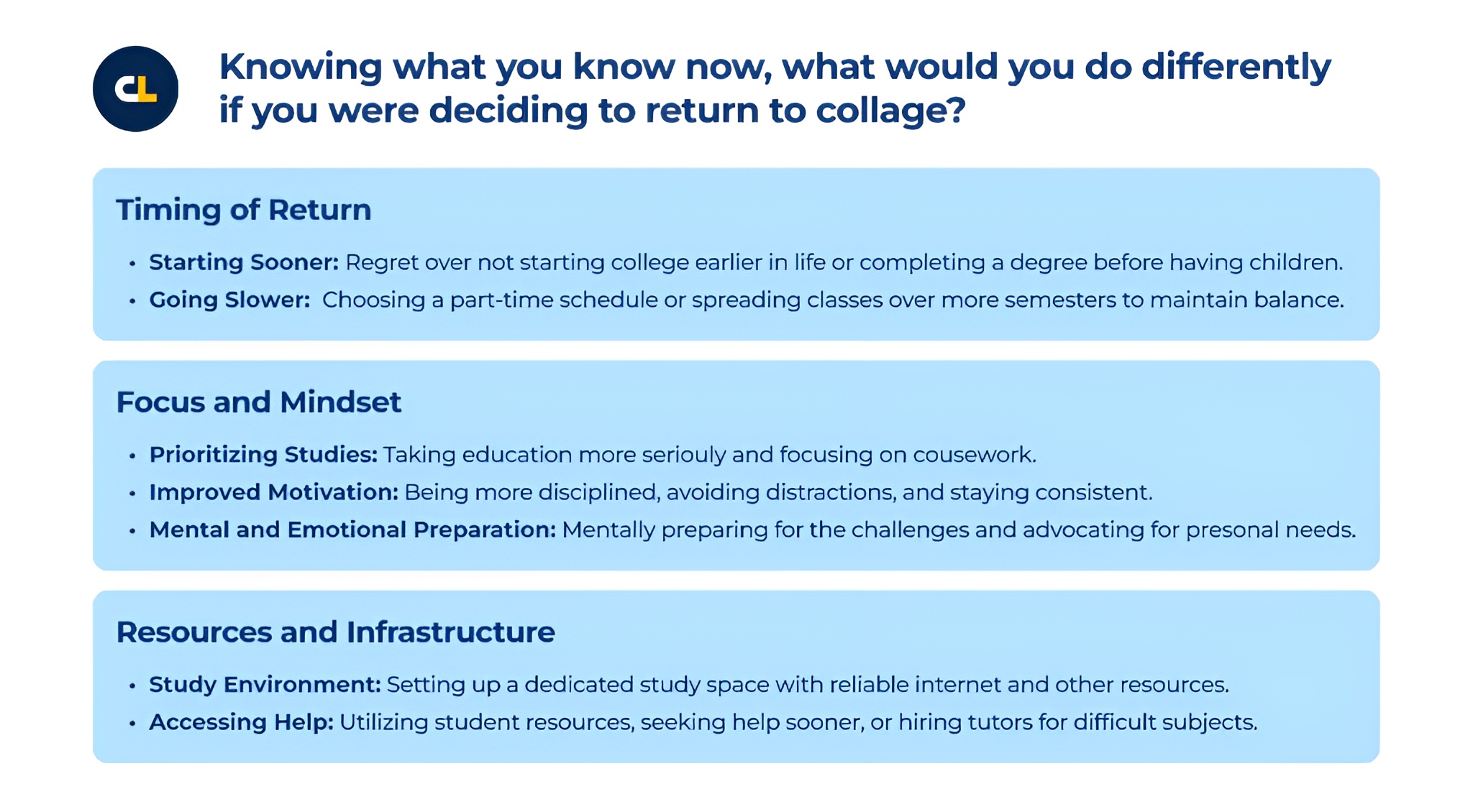 Knowing what you know now, what would you do differently if you were deciding to return to collage?