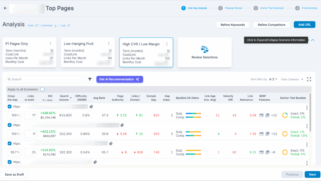 Link Impact report showing Client's site keyword ranking improvements after two link building campaigns.