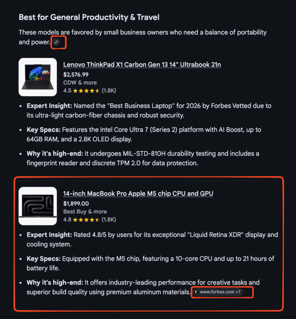 Main answer block with an icon link. A link in the second “ranking” product in this section is to related citations on the right sidebar.